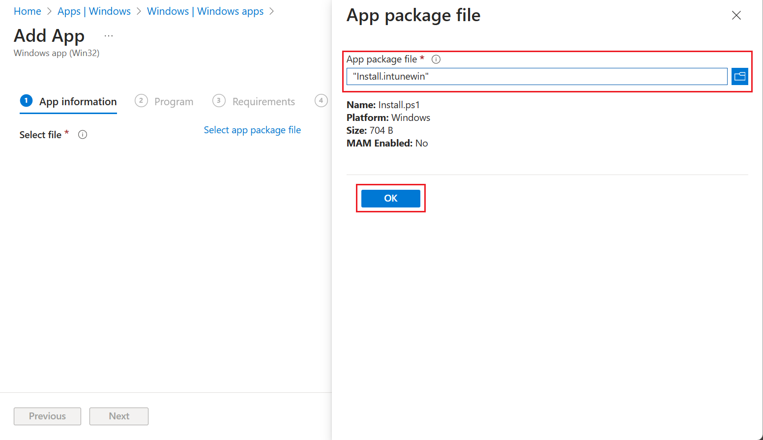 Select Install.intunewin package
